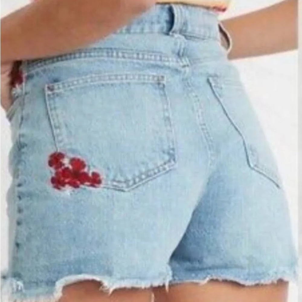 Marine Layer Light Blue Denim Shorts with Red Floral Embroidery - Picture 3 of 8